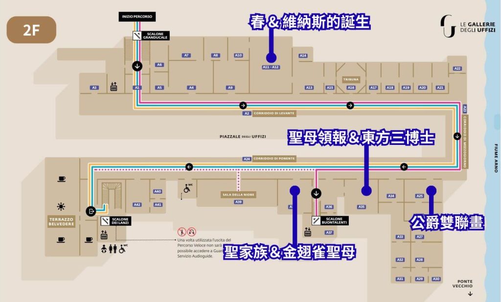 2026【烏菲茲美術館】新手攻略:門票預約教學、參觀動線與10大必看神作導讀 9 烏菲茲美術館展場地圖