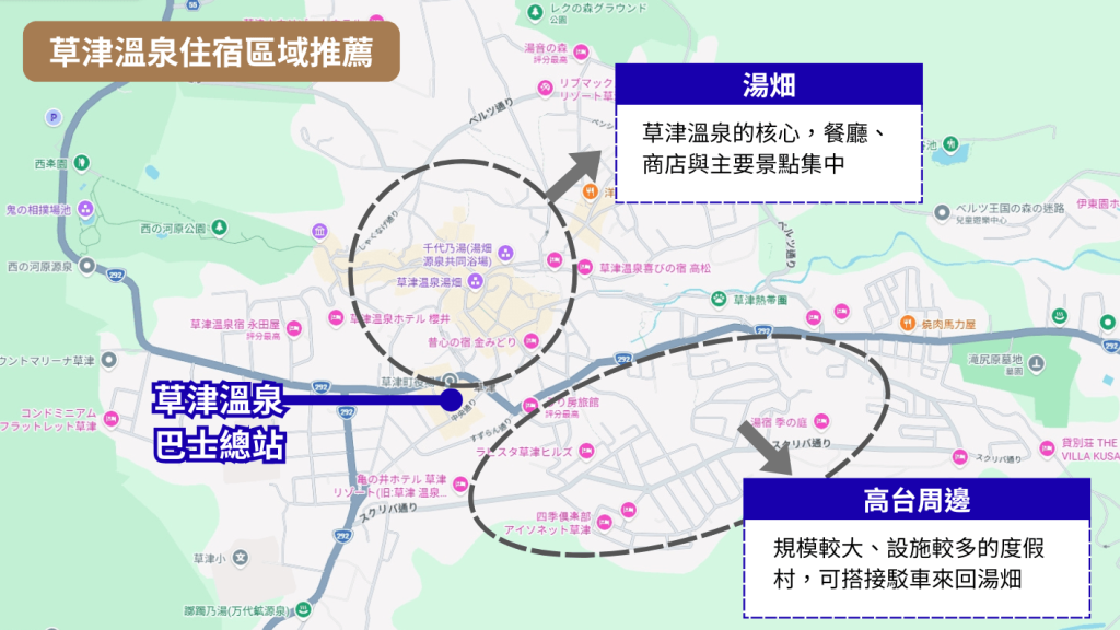 2026【草津溫泉住宿推薦】10間溫泉飯店!一泊二食、私人風呂與湯畑住宿整理 6 kusamap