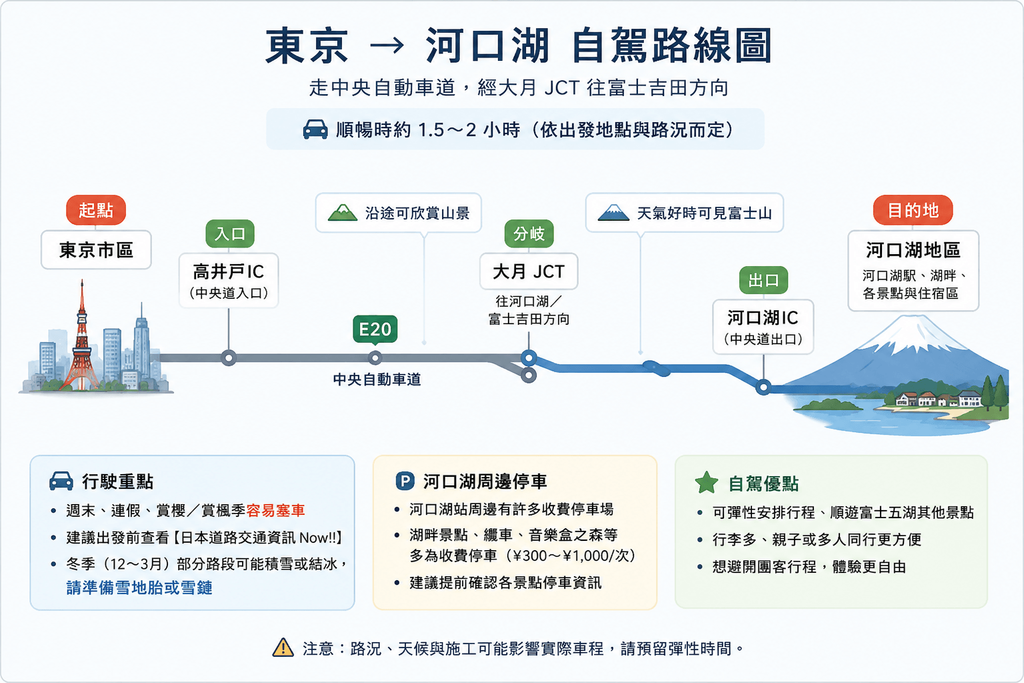 2026【東京到河口湖】6種交通方式比較!富士回遊、高速巴士、包車、自駕攻略 8 東京到河口湖自駕